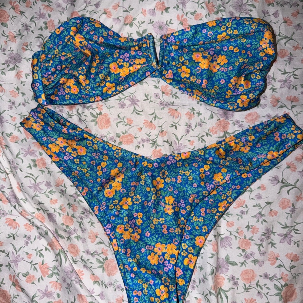 Kulani Kinis Blue and Yellow Floral Bandeau Bikini (BOTH PIECES)